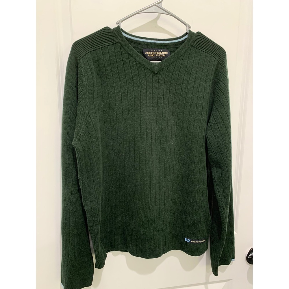 VTG Abercrombie & Fitch Mens Green Ribbed V-Neck Sweater Size Large